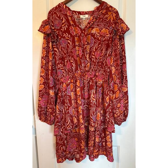 Oddi Los Angeles Floral Boho Mini Dress 1XL NWT Ruffle Tiered Long Sleeve - Picture 2 of 7
